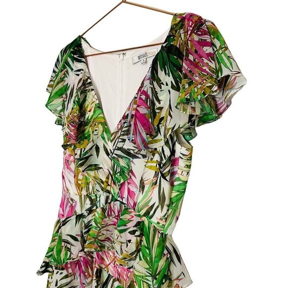 Badgley Mischka Palm Print Ruffle Pink Green Maxi Dress Size 4 - Picture 9 of 16